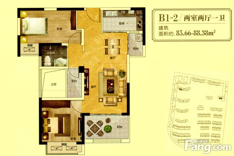 高层B1-2户型 2室2厅1卫1厨 建筑面积：88.00㎡